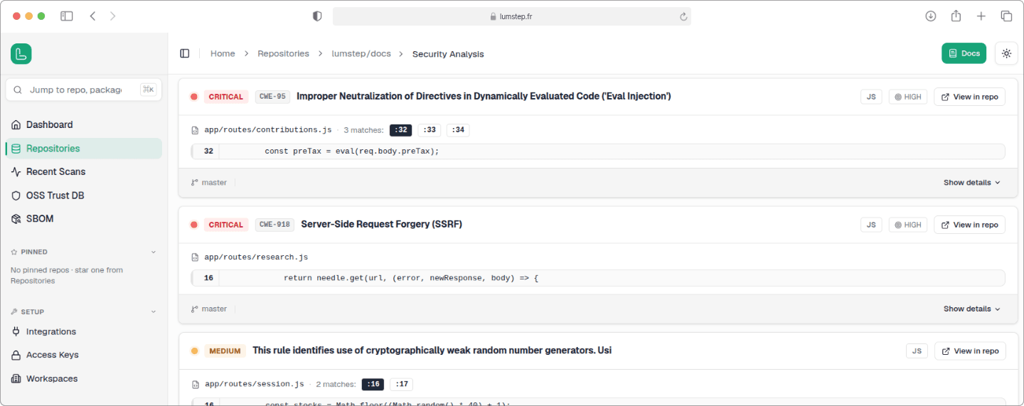 Lumstep static analysis dashboard highlighting a code vulnerability with its exact file, line, and recommended fix