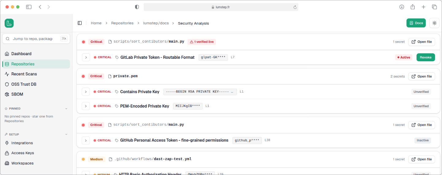 Lumstep secret scanning dashboard listing leaked credentials with their file, line, commit, and validation status