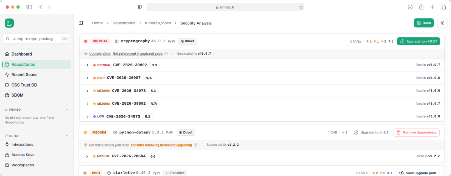 Lumstep dependency scanning dashboard listing vulnerable packages with their CVEs, severity, upgrade effort, and suggested fixes